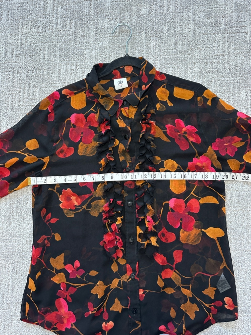 Gabi Sheer Floral Blouse Black Red Gold Ruffle Button Down Top Y2K Fall - Picture 9 of 15
